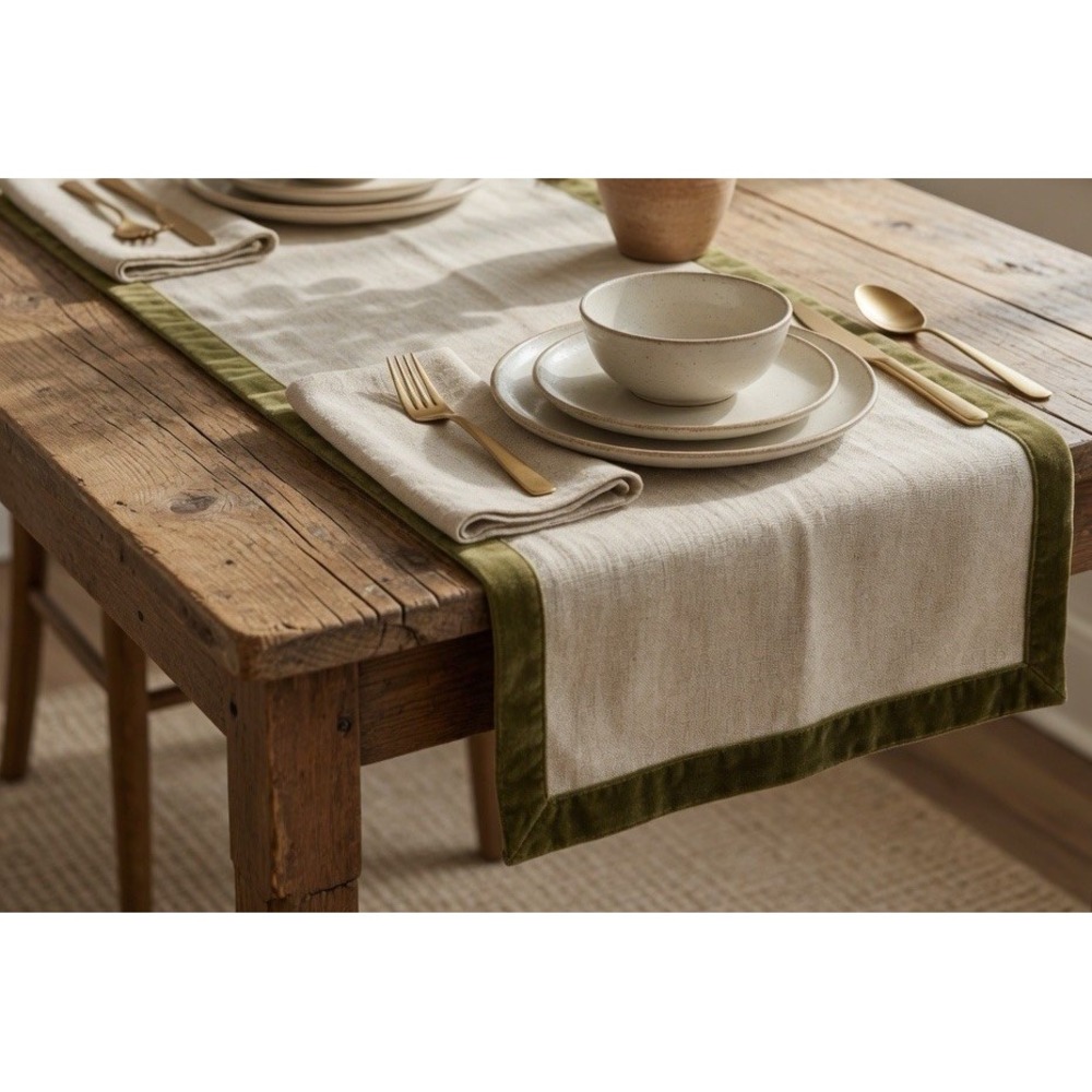 Pier 1 Imports Table Runner Natural Cotton Burlap Moss Green Velvet Trim 14x72